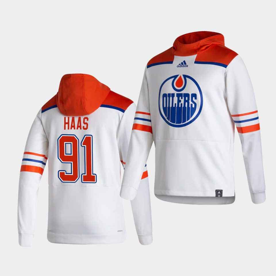 Men Edmonton Oilers 91 Haas White NHL 2021 Adidas Pullover Hoodie Jersey
